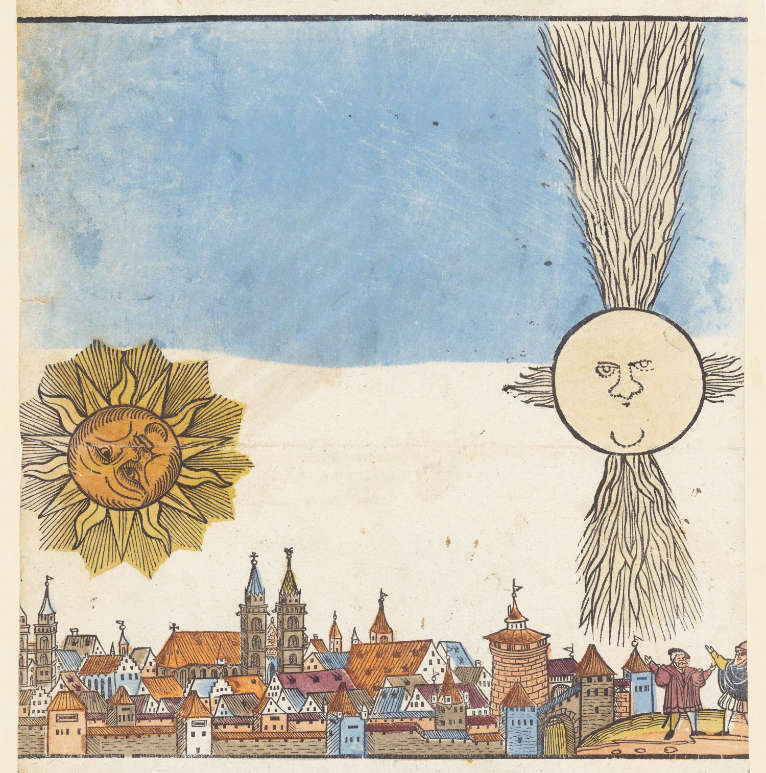 A vintage illustration of a city with a sun and moon in the sky. The sun and moon both have human faces and emit rays. The city is densely packed with buildings and a prominent church. People are observing the celestial event.