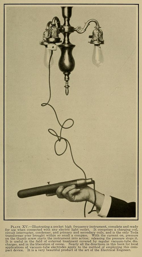 Vintage illustration of a pocket high frequency electrical instrument with coils, vacuum tube, and a hand holding the device.