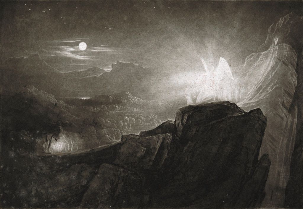 Monochromatic landscape with mountains, moon, and dramatic lighting.