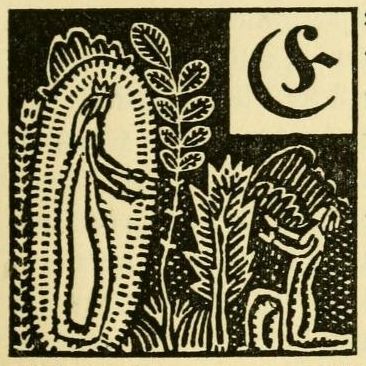 A black and white illustration of a tall figure reaching towards a plant, with a decorative letter in the upper right corner.