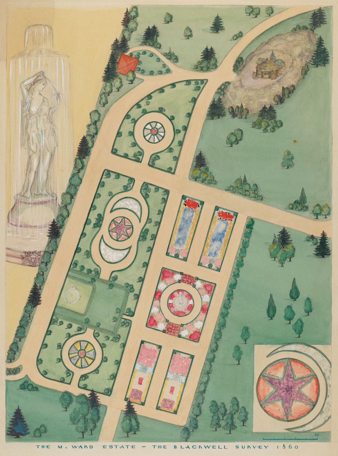 Vintage map of the M. Ward Estate, showing a formal garden layout with symmetrical flowerbeds, trees, and a classical statue.