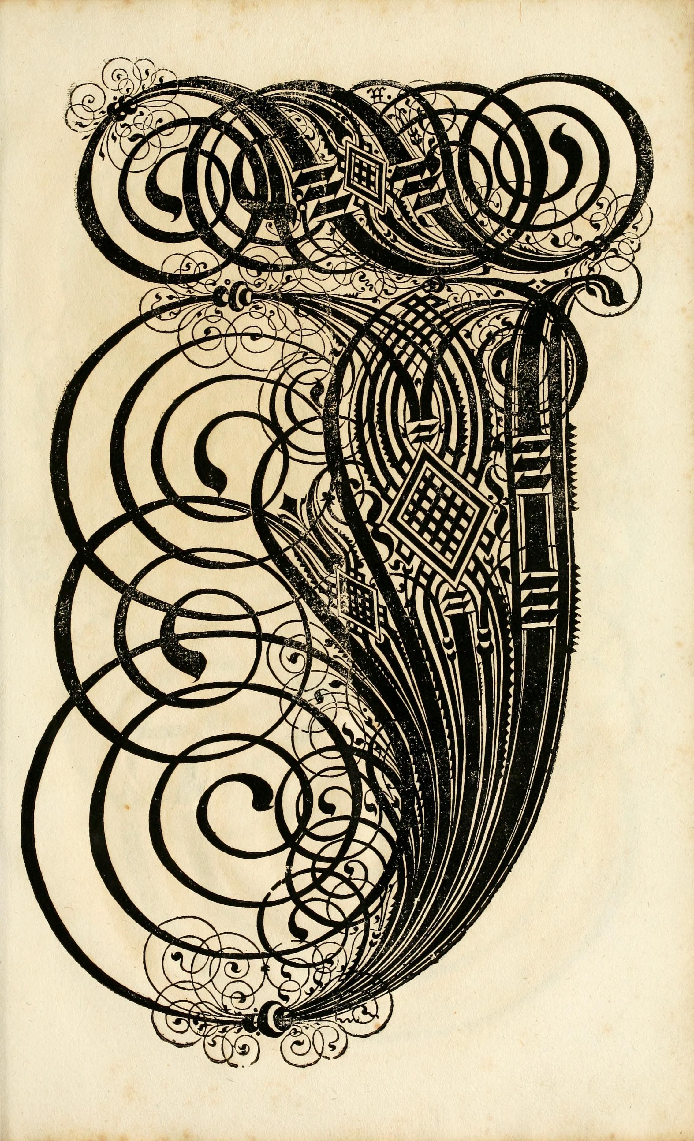 A detailed black and white drawing with an ornate, swirling design set against a beige background.