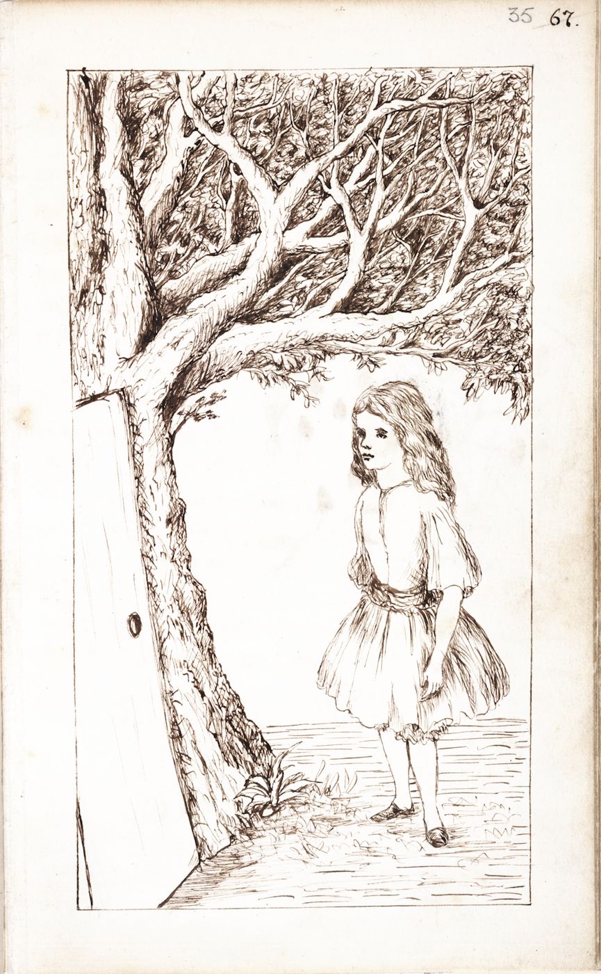 A black and white sketch of a young girl standing near a large, gnarled tree.