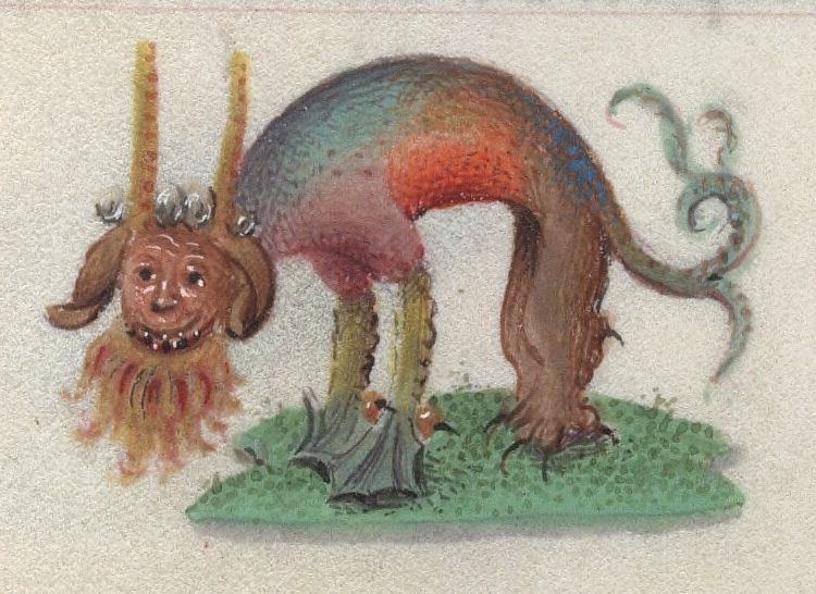 A colorful, fantastical creature with a lion-like head, long horns, and an arched body stands on a patch of green ground.