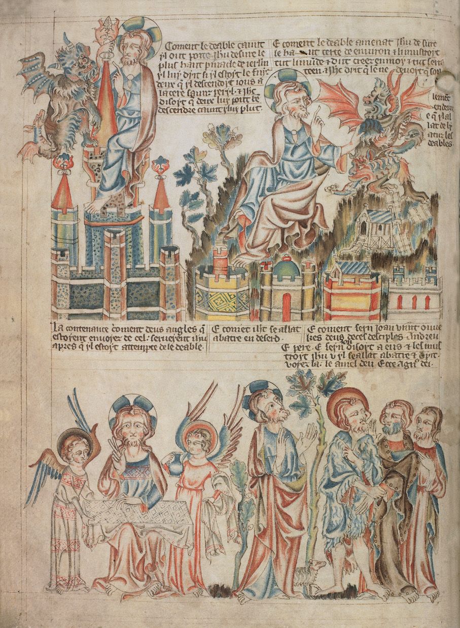A detailed medieval manuscript illustration depicting a battle between angels and a devil, with a city in the background and a procession of religious figures in the foreground.