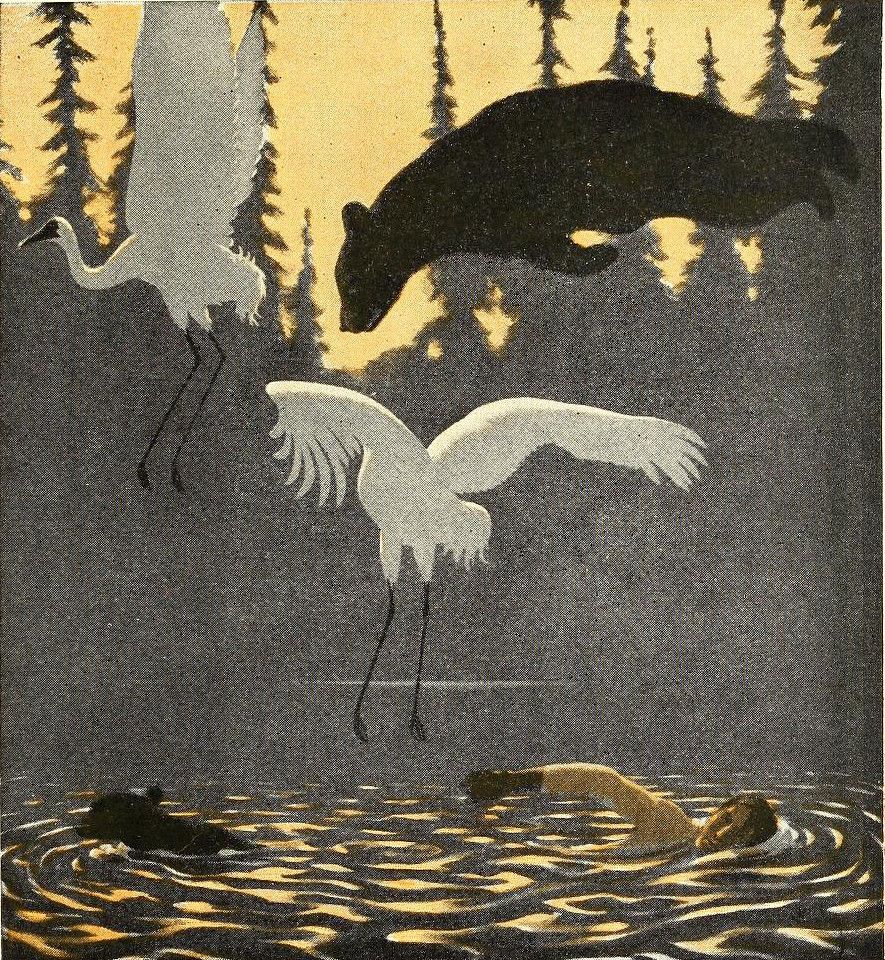 Vintage illustration of a swimmer in water with birds flying and a bear leaping above.