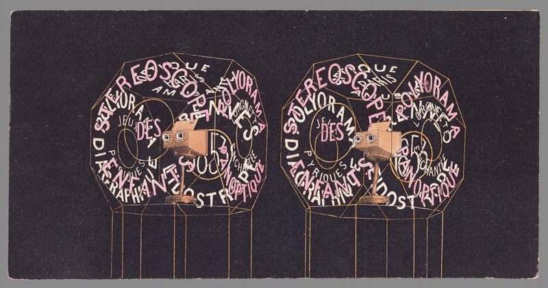 Stereoscope card with two nearly identical images of a circular design filled with text and a central mechanical device.