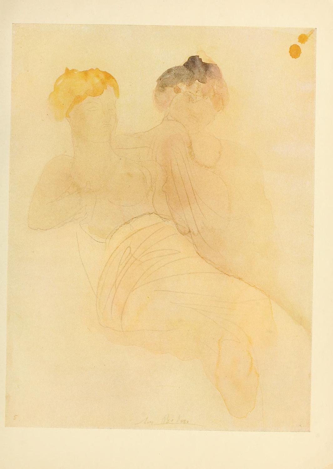 A delicate watercolor sketch of two figures on aged paper, rendered in a loose, flowing style with muted colors and faint pencil outlines.