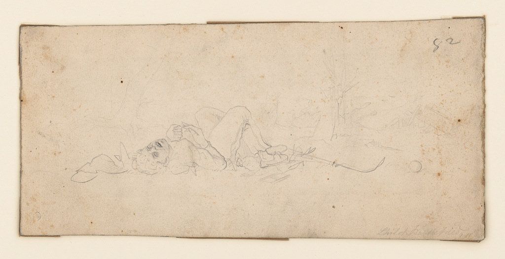 A delicate sketch of reclining figures on aged paper.