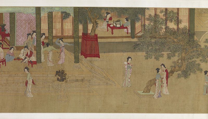 A detailed, horizontal painting depicting a scene of courtly life, likely from a Chinese or East Asian context.