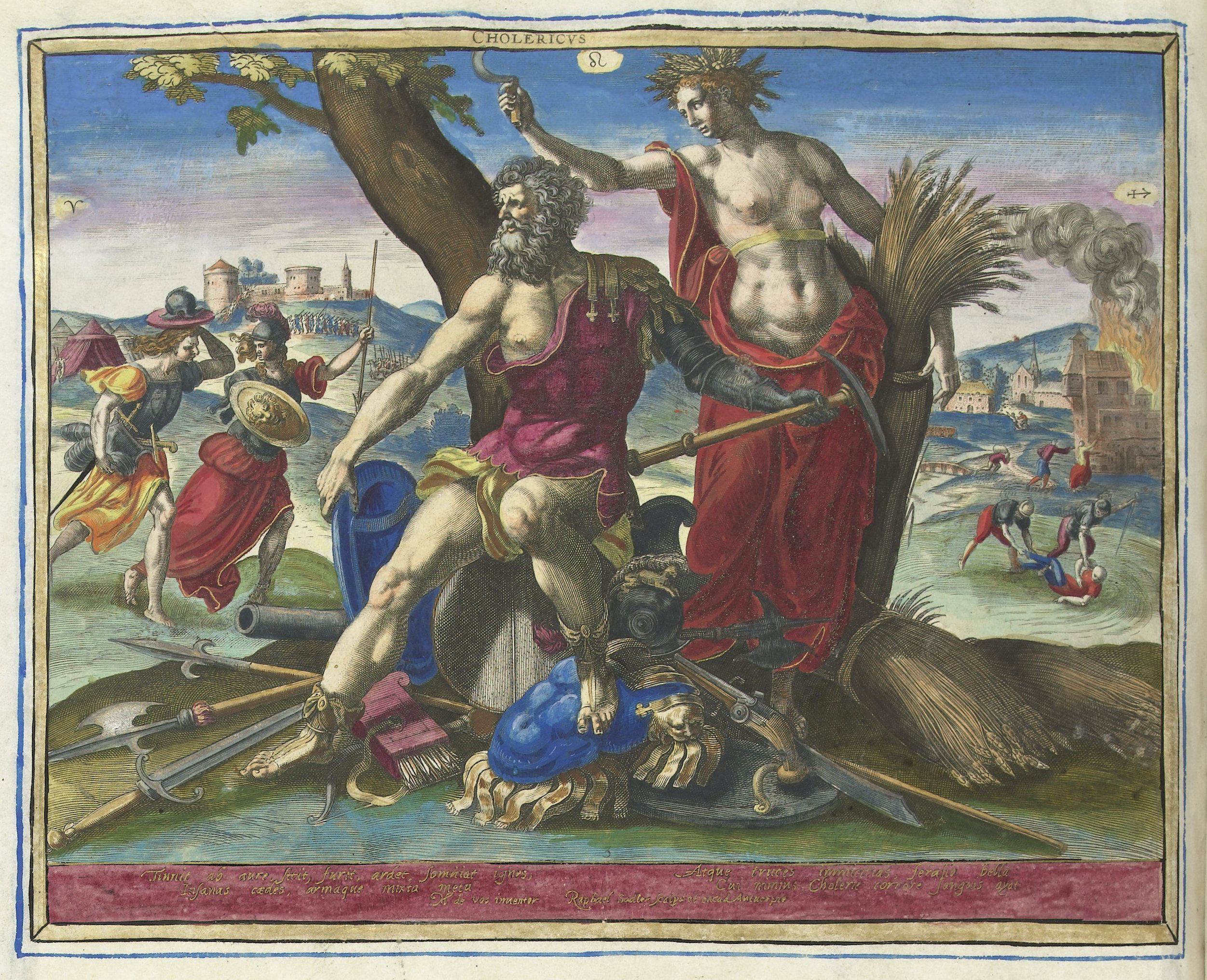 A detailed, colorful engraving depicting a dramatic scene with multiple figures and a complex landscape.