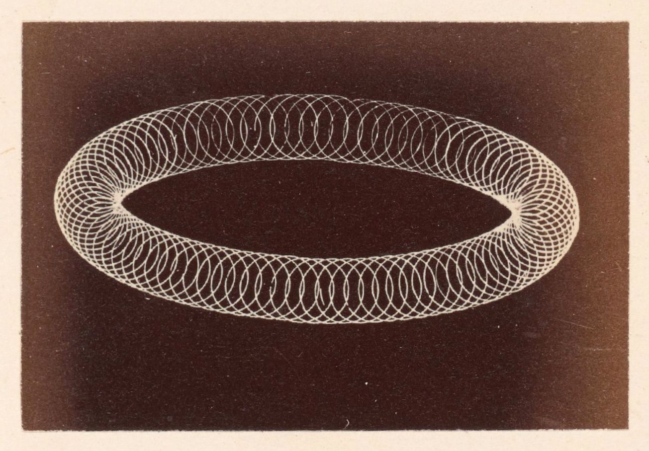 A complex geometric shape resembling a ring or torus formed by a multitude of thin, curved lines.