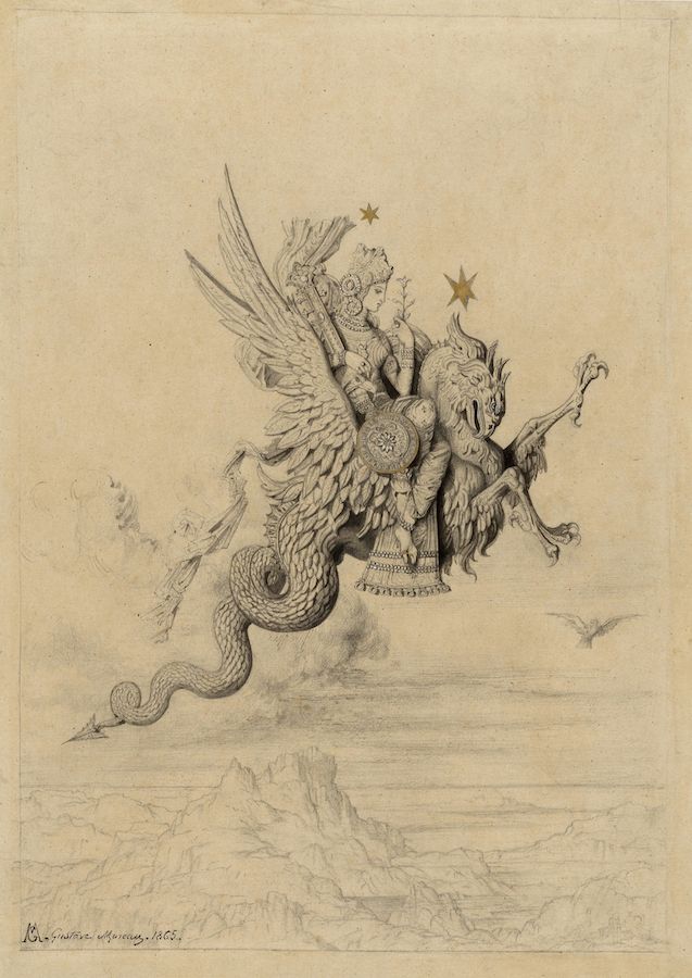 Vintage drawing of a fantastical creature carrying a regal figure over a mountainous landscape.