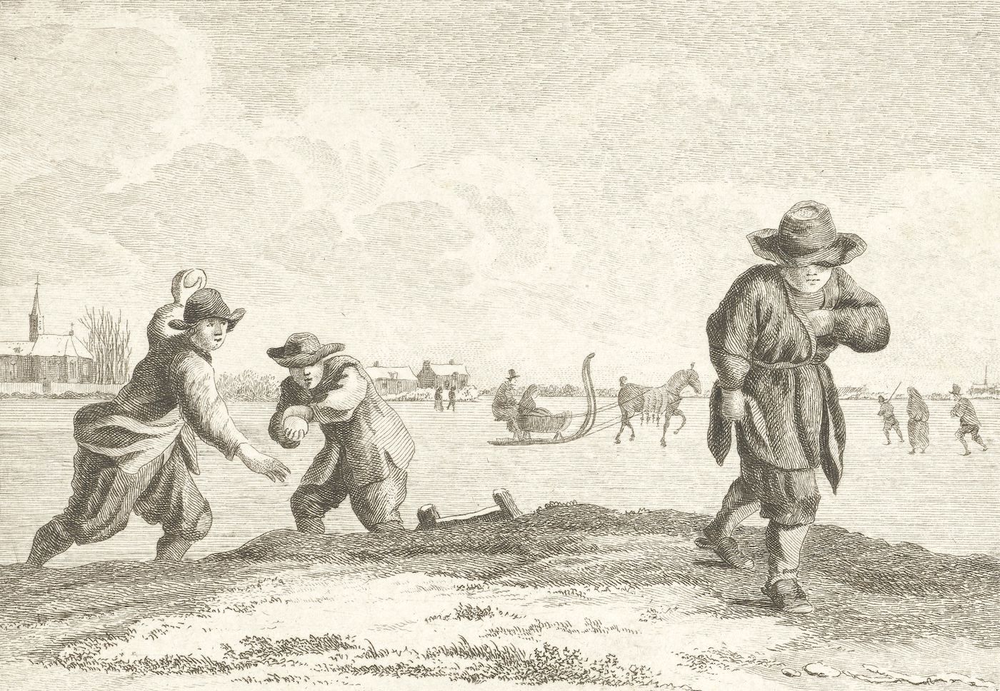 A black and white engraving of a winter scene with three men in the foreground and numerous figures skating on the ice in the background.