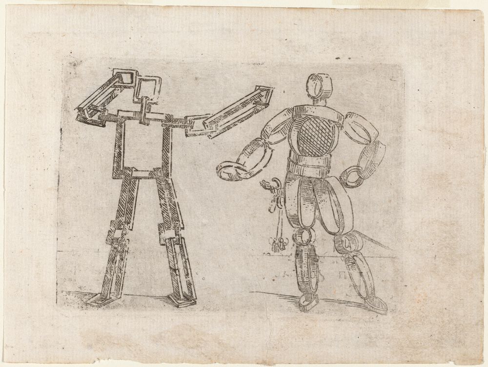 A pen and ink drawing of a mechanical knight or automaton. The drawing shows a complex mechanical structure supporting a fully articulated humanoid figure resembling a knight in armor.