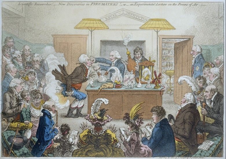 A hand-colored etching titled "Scientific Researches: - New Discoveries in Pneumaticks - or - an Experimental Lecture on the Power of Air". It depicts a crowded room at the Royal Institution, likely during a scientific demonstration. A man in a lab coat is conducting an experiment on a long table, inflating a dead bird with air. The room is packed with spectators of all ages and social classes.