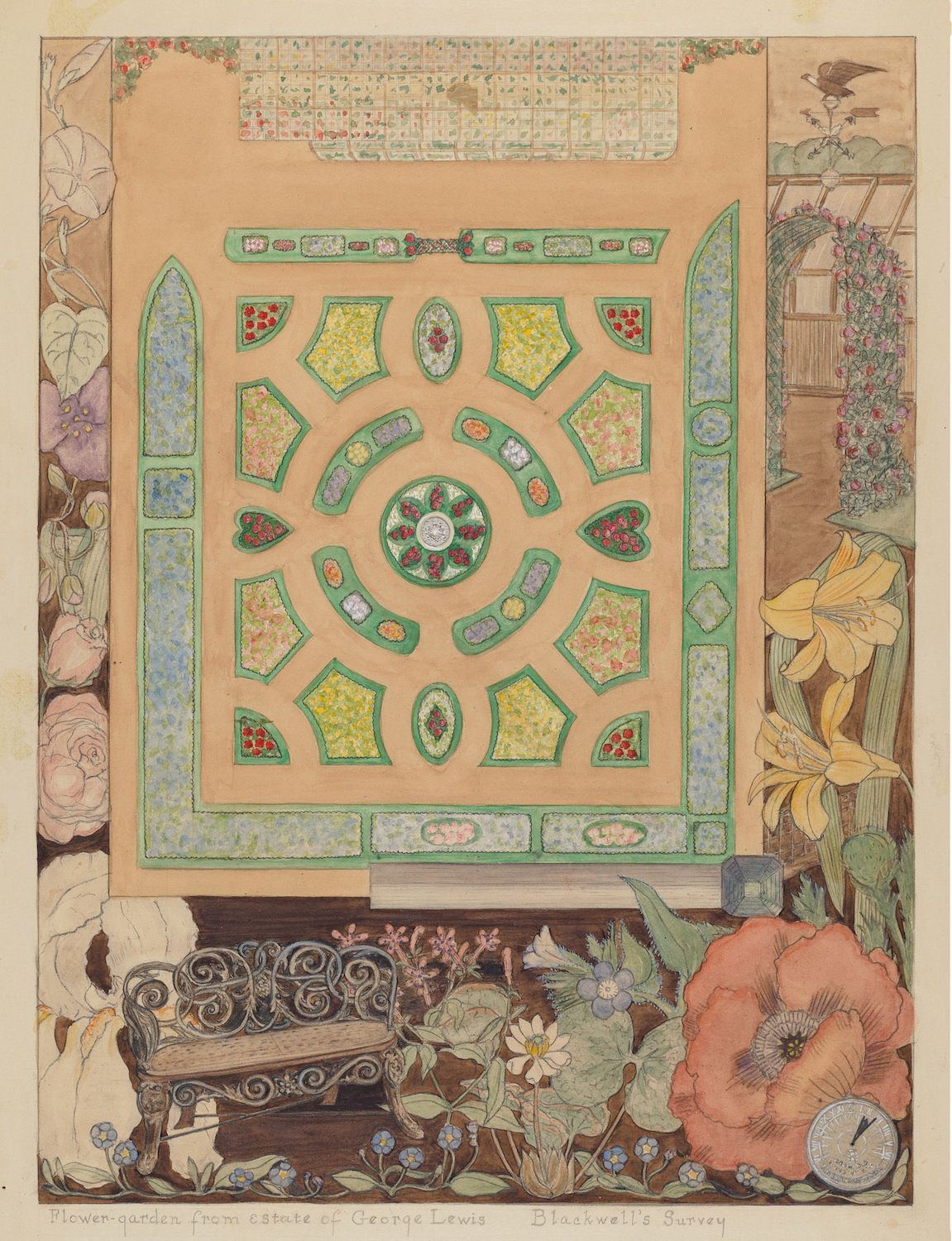 A detailed illustration of a flower garden, featuring a geometrically patterned garden bed, a stone bench, a wall covered in climbing roses, and a sundial.