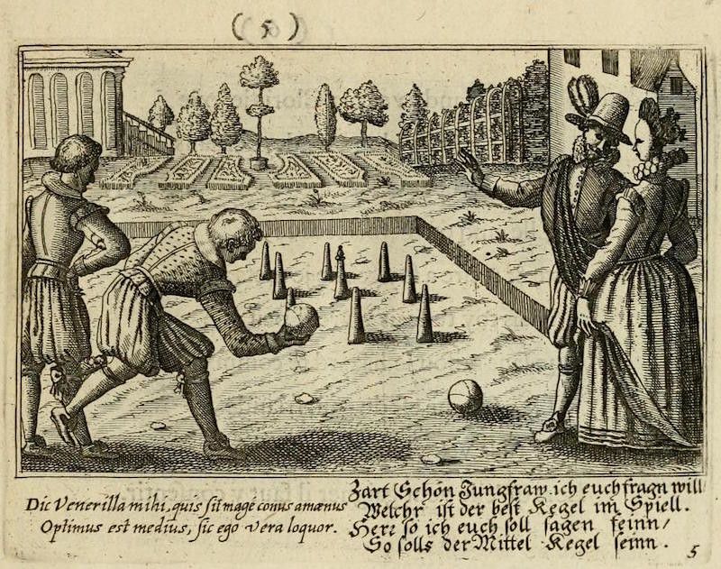 A black and white engraving depicting three men playing a game resembling bowling or ninepins in an outdoor setting.