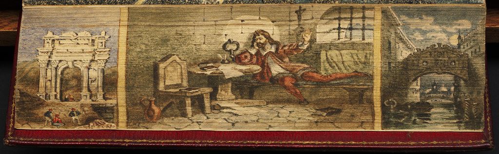 Antique illustration of a man writing at a desk with classical architecture and a harbor scene in the background.
