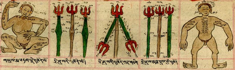 A detailed, colorful diagram from a Tibetan medical text featuring two nude human figures flanking a series of trident-like objects covered in numbers and symbols.