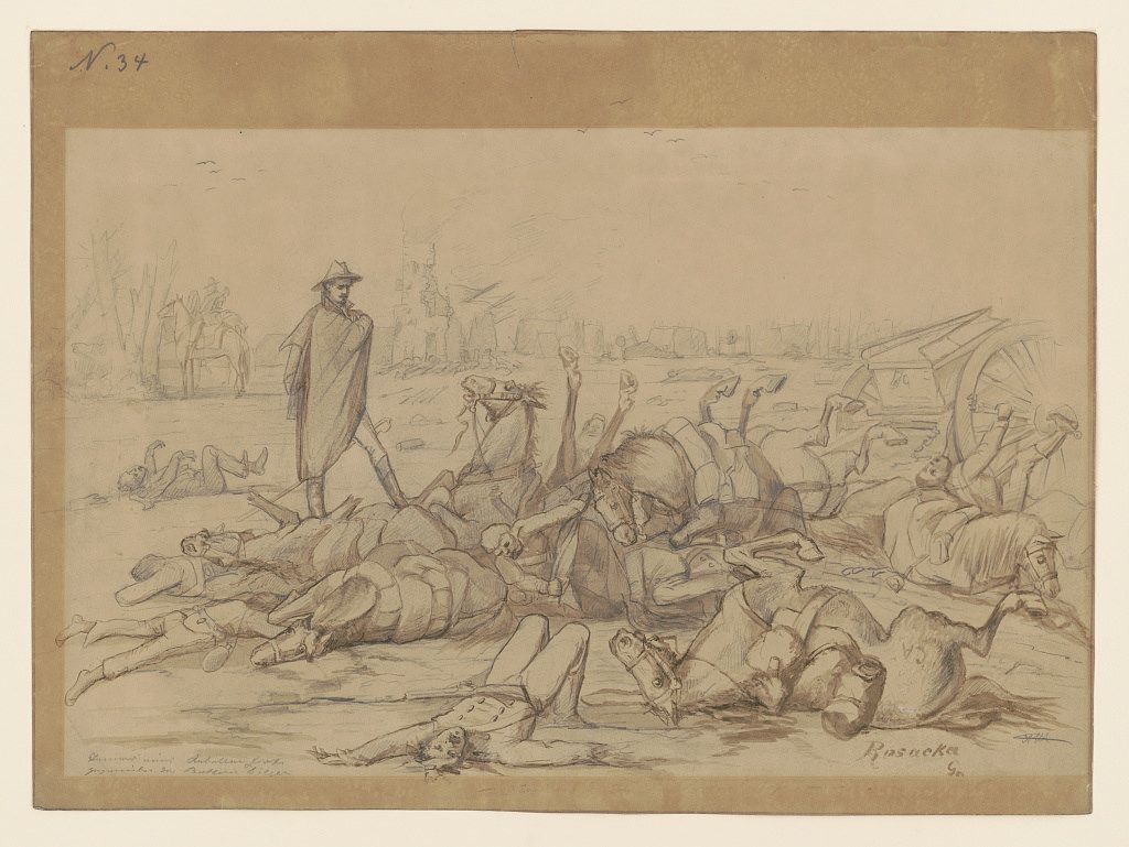 Sepia-toned sketch of a chaotic battlefield scene with fallen horses and soldiers, a lone figure standing amidst the carnage, and a blurred landscape in the background.