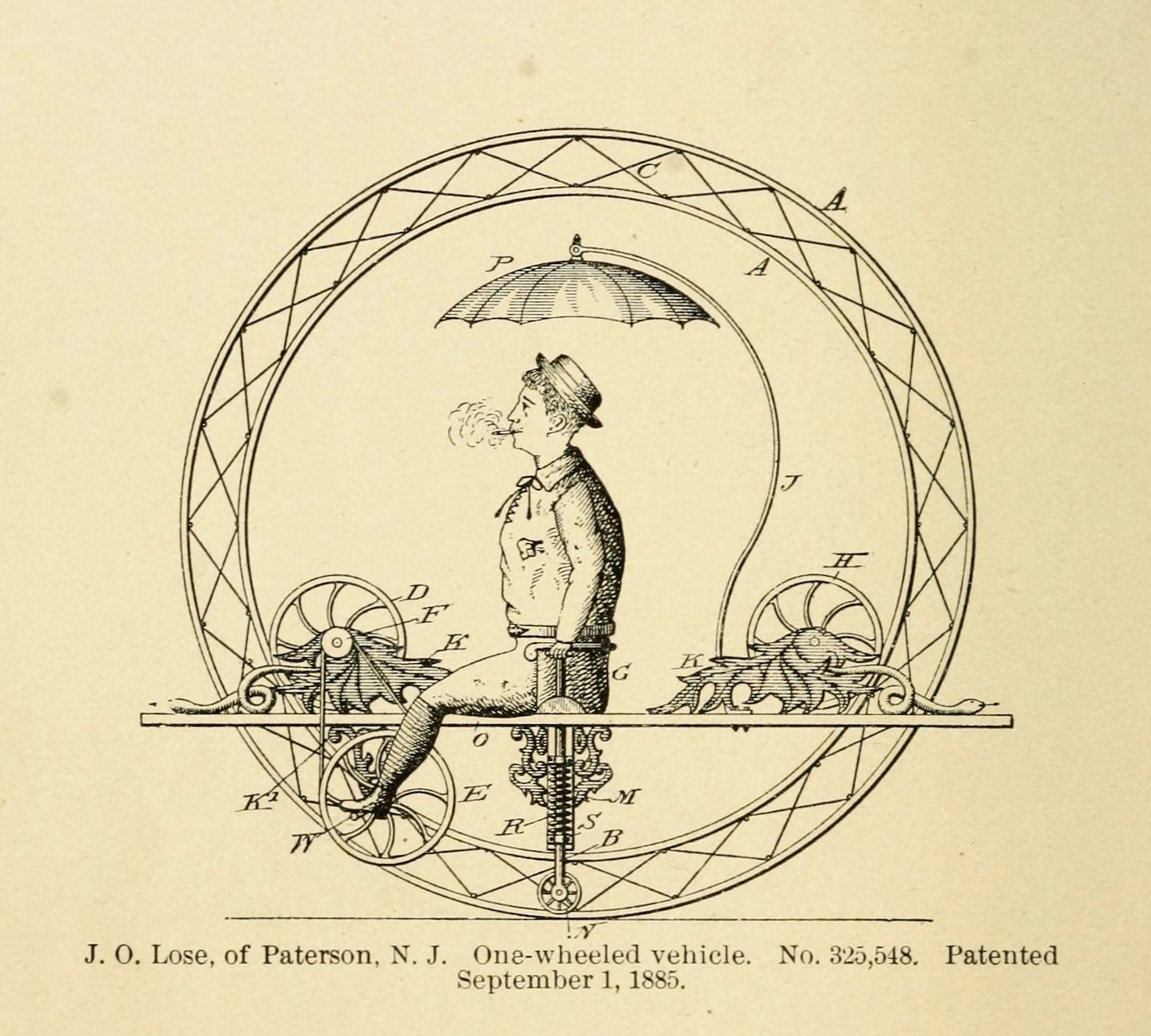 Vintage patent drawing of a one-wheeled vehicle with a man operating it, dated September 1, 1885.