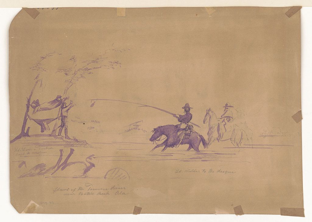 Sepia-toned drawing of a scene of conflict, likely from the American West, depicting figures on horseback and a small building.