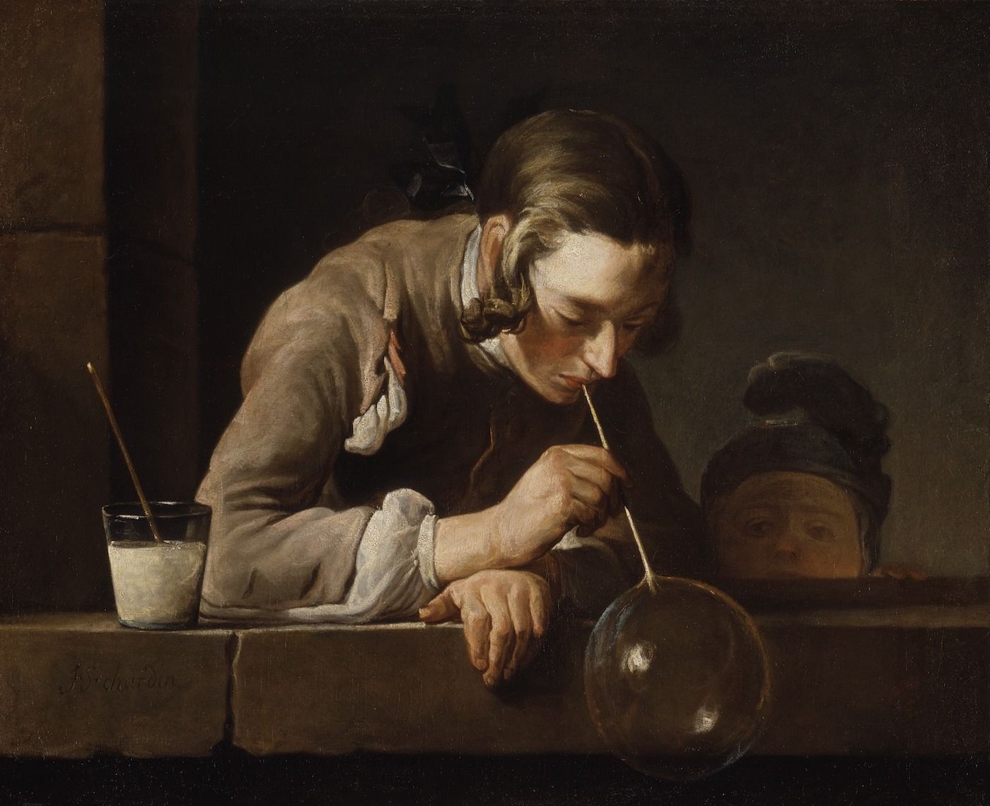 A painting of a man drinking from a glass bulb with a straw.