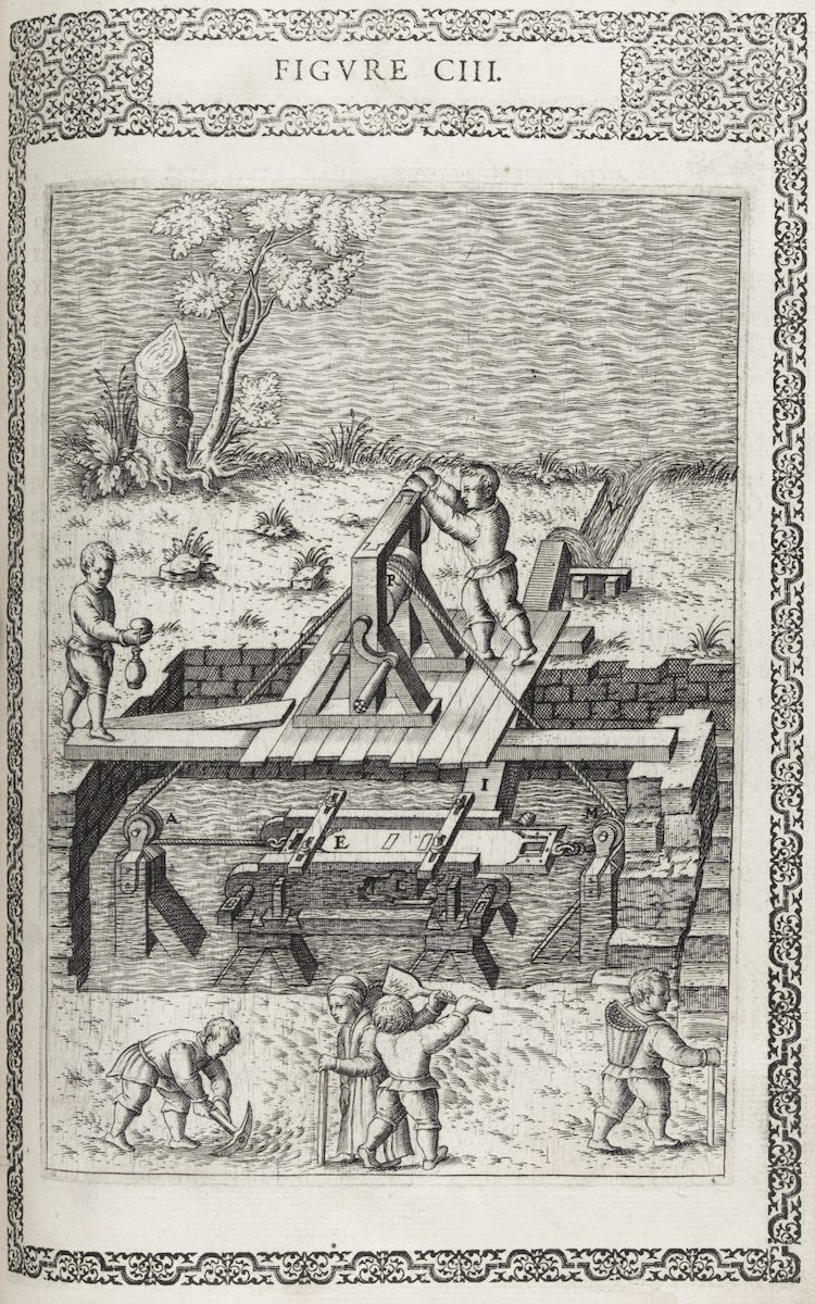 A detailed black and white engraving depicting a complex mechanical device used for mining or water extraction.