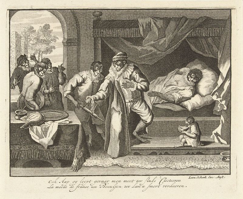 A black and white engraving depicting a man surrounded by monkeys dressed in human clothing, engaged in various activities around a table.