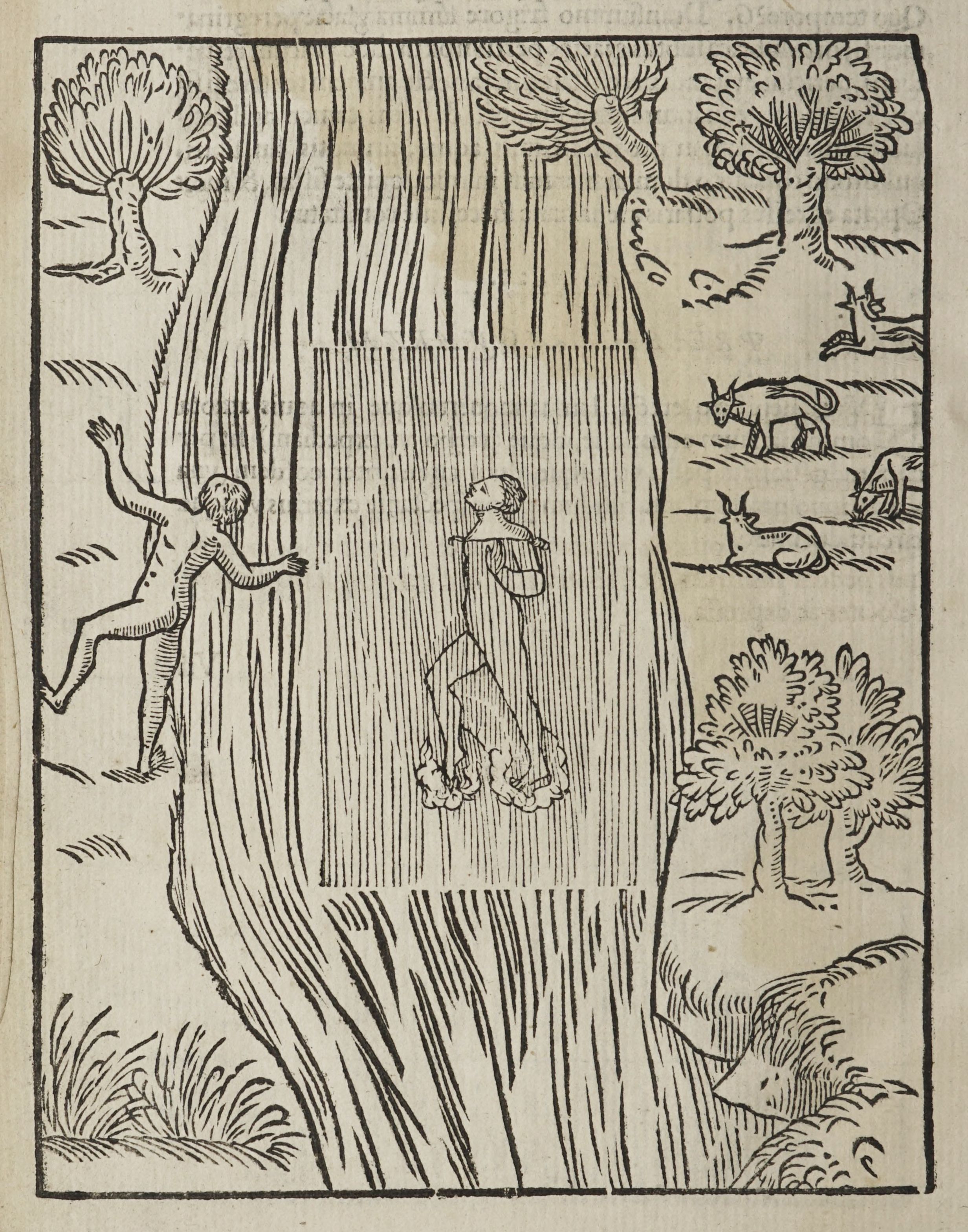 A black and white woodcut illustration depicting a landscape with two human figures and various animals.