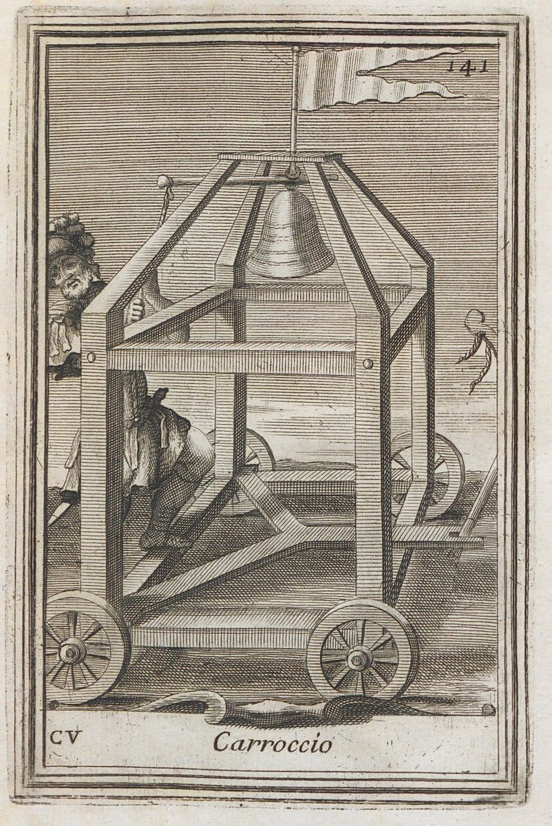 Black and white engraving of a wheeled structure with a bell and two figures inside, labeled 'CV Carroccio'.