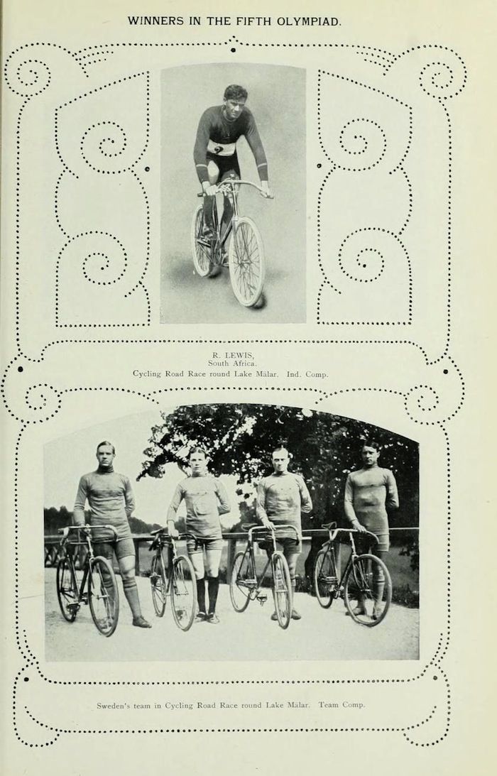 Vintage black and white photograph from the Fifth Olympiad featuring a cyclist and a team of cyclists.
