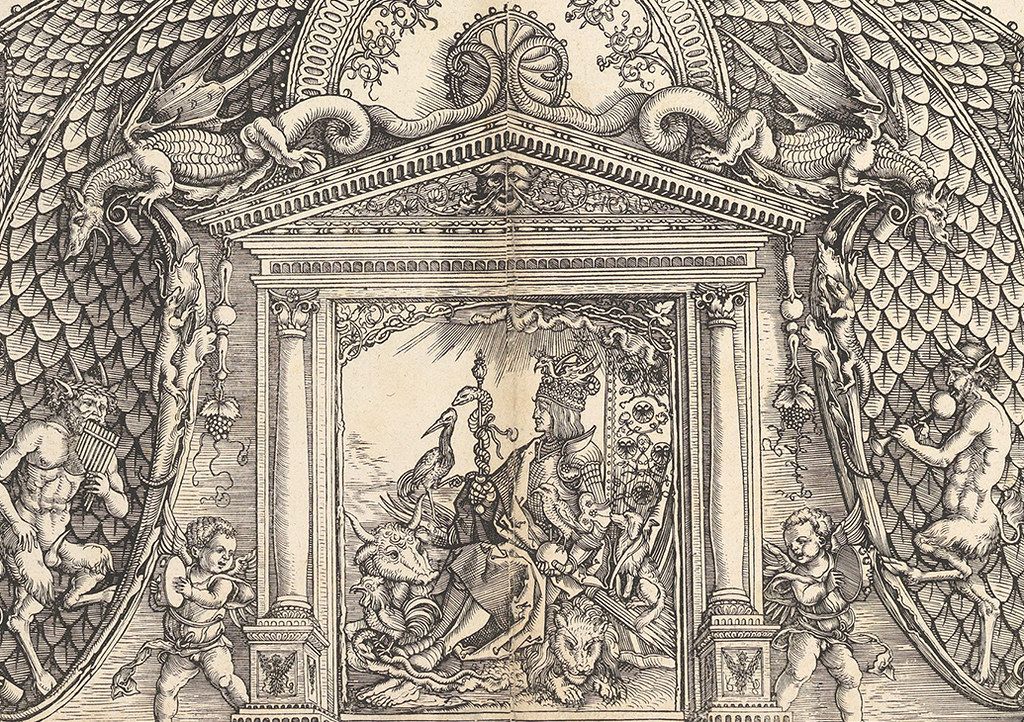 A detailed black and white engraving depicting a classical architectural scene with a temple-like structure, figures, and ornate decorations.
