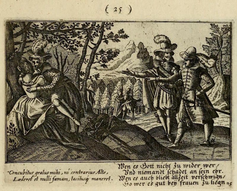 A black and white engraving depicting a dramatic scene in a wooded landscape with four figures.