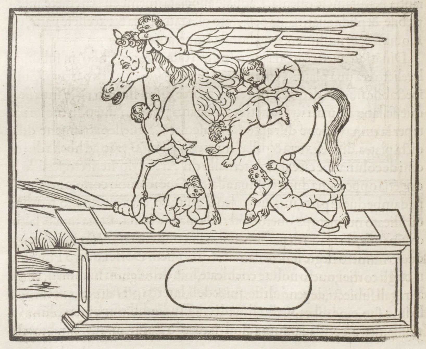 A black and white line drawing of a horse being restrained by cherubs on a platform.