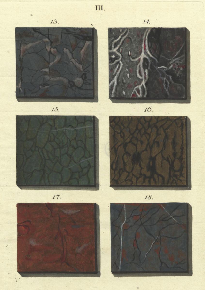 A vintage illustration of six square panels, each displaying a different textured pattern, likely representing bookbinding materials or designs.