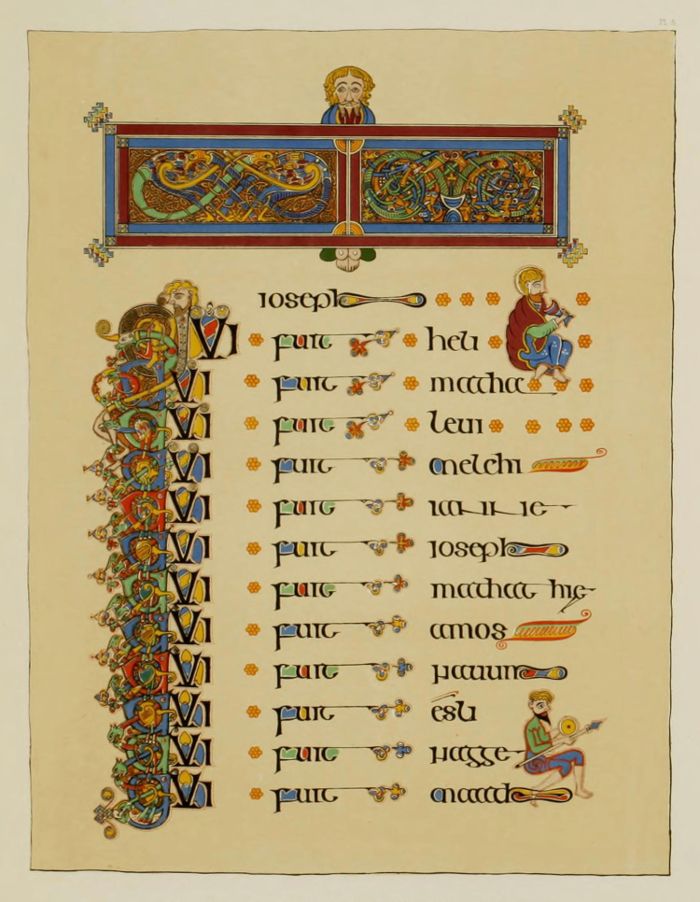 A detailed illuminated manuscript page with a vertical column of Roman numerals and a series of small figures, adorned with intricate patterns and vibrant colors.