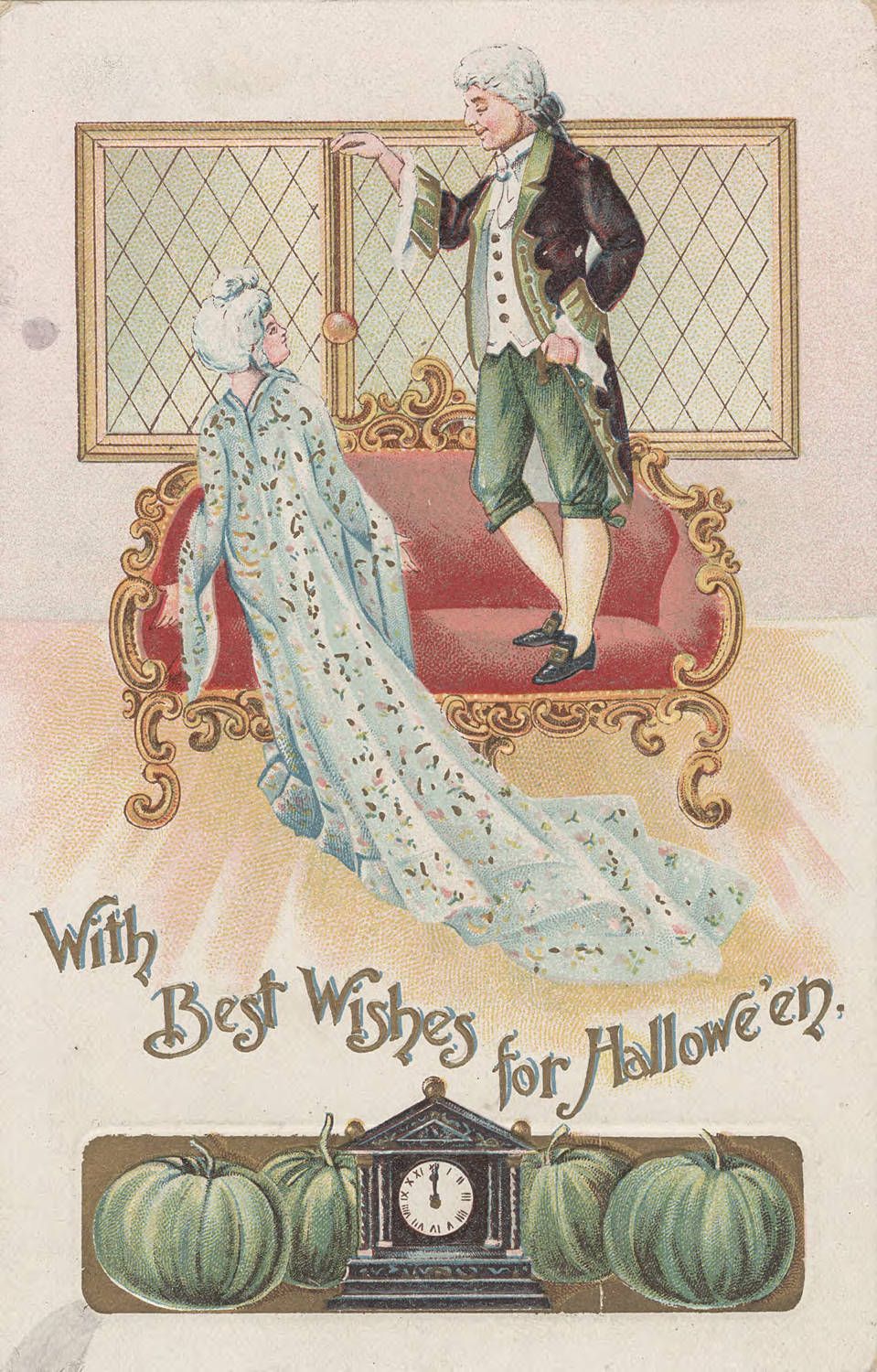 Vintage Halloween card with a man and a ghost, pumpkins, and a clock.