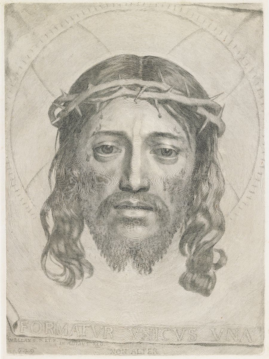 Close-up engraving of Jesus Christ's head with a crown of thorns and a beard, with Latin text below.