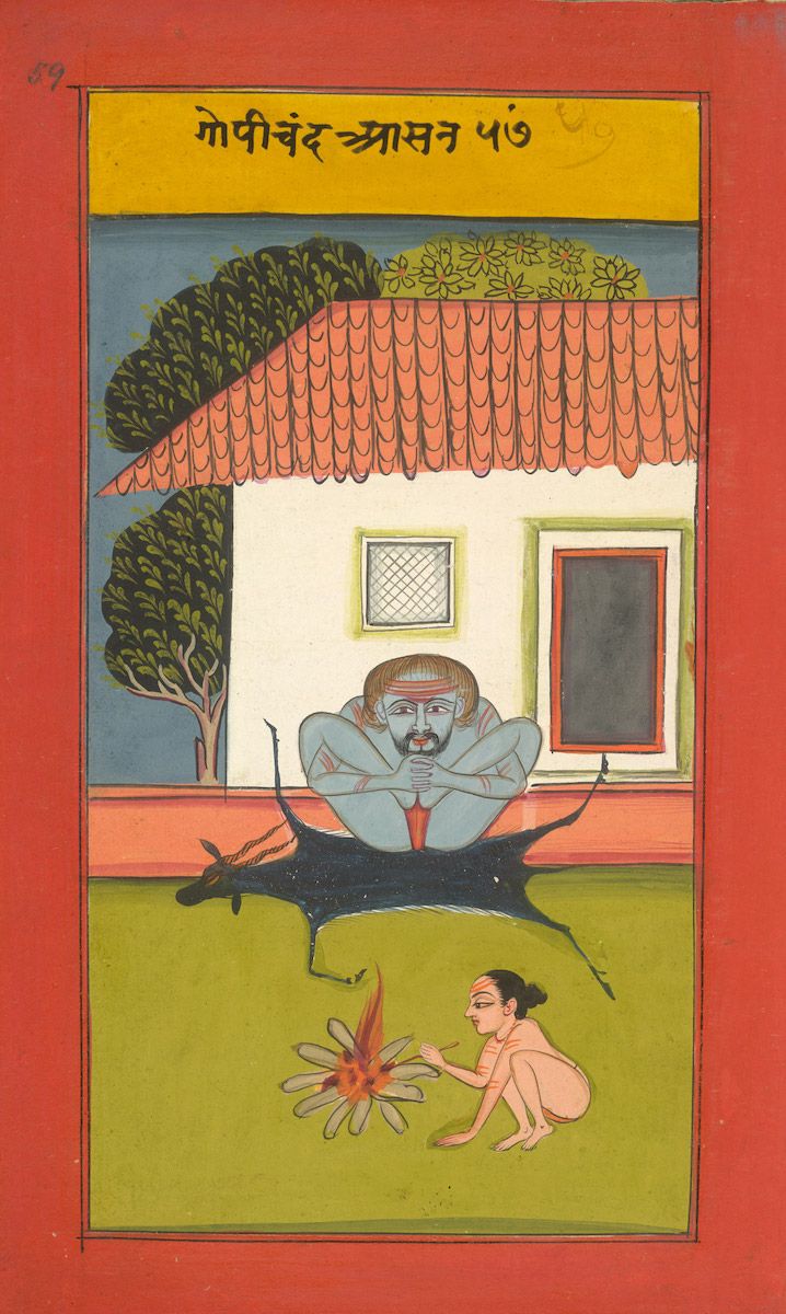 A traditional Indian painting depicting a blue-skinned man on a black animal, with a nude man kneeling before them and a blooming flower in the foreground. A white building with a red tiled roof is in the background.