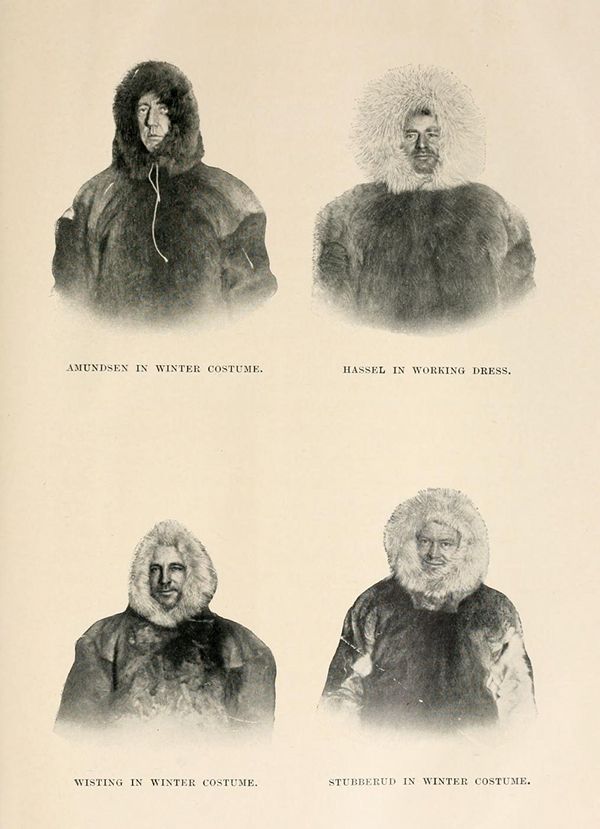 Four portraits of men in heavy winter clothing, labeled Amundsen, Hassel, Wisting, and Stubberud.