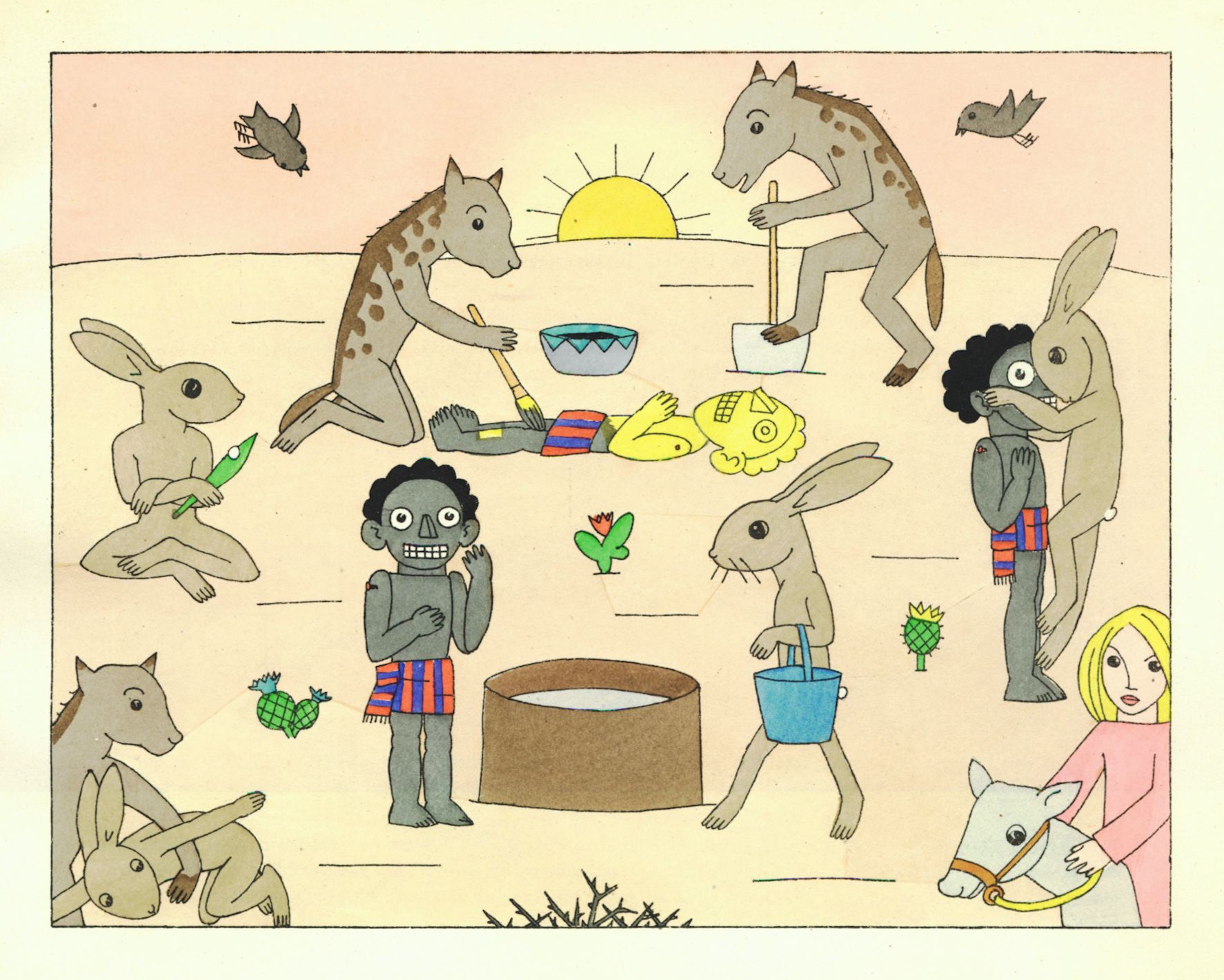 A whimsical illustration depicting a circular arrangement of animals and humans engaged in various activities around a central area.