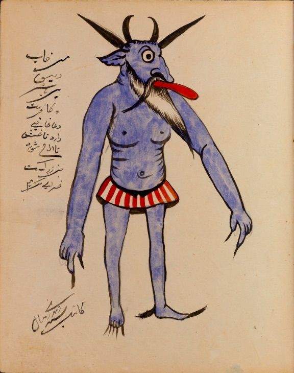 A vintage illustration of a blue, fantastical creature with horns, a long beard, and a red tongue sticking out. To the left is a column of text in Arabic or Persian script.
