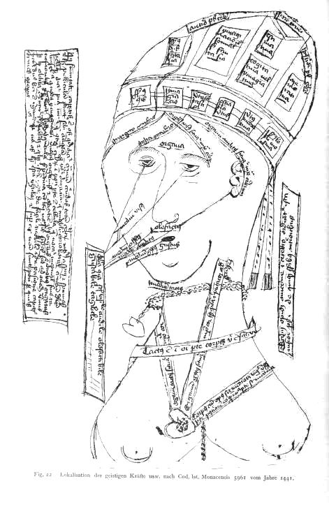 A black and white historical diagram of a man's head and upper body, overlaid with lines, shapes, and text in an old script.