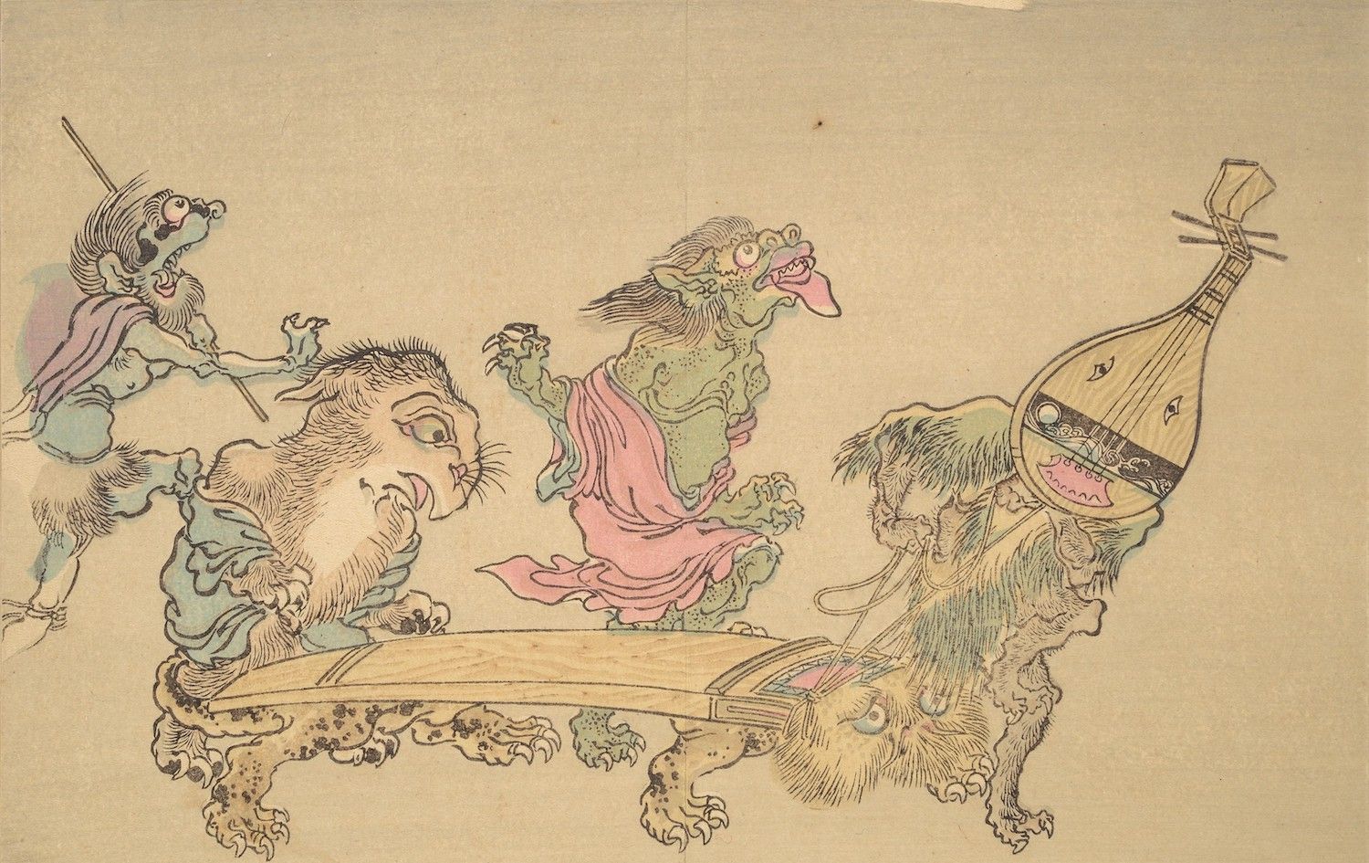 Vintage illustration of a group of fantastical figures engaged in a musical performance, reminiscent of traditional Japanese art.