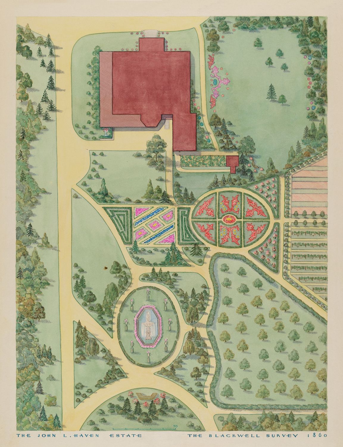 Vintage map of the John L. Haven Estate, dated 1860, showing a formal garden and large building.