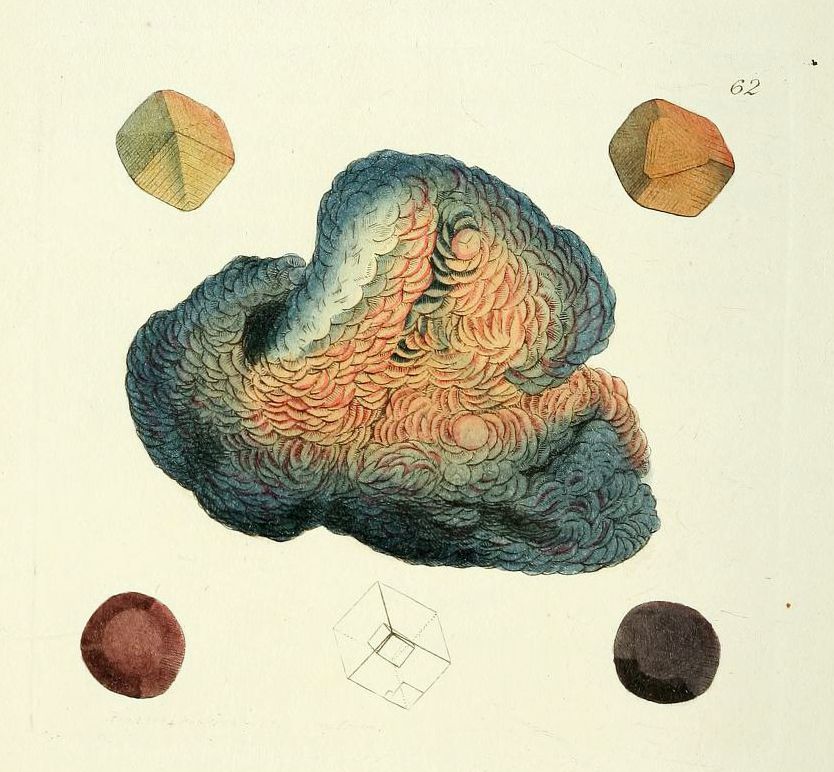 Vintage illustration of a mineral specimen with geometric shapes.