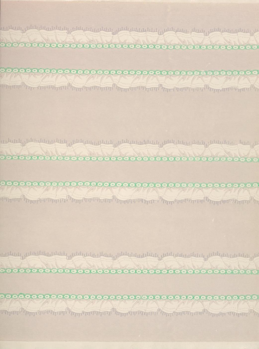 Close-up of a textured, off-white lace fabric with a repeating pattern of scalloped edges and rows of small green circles.
