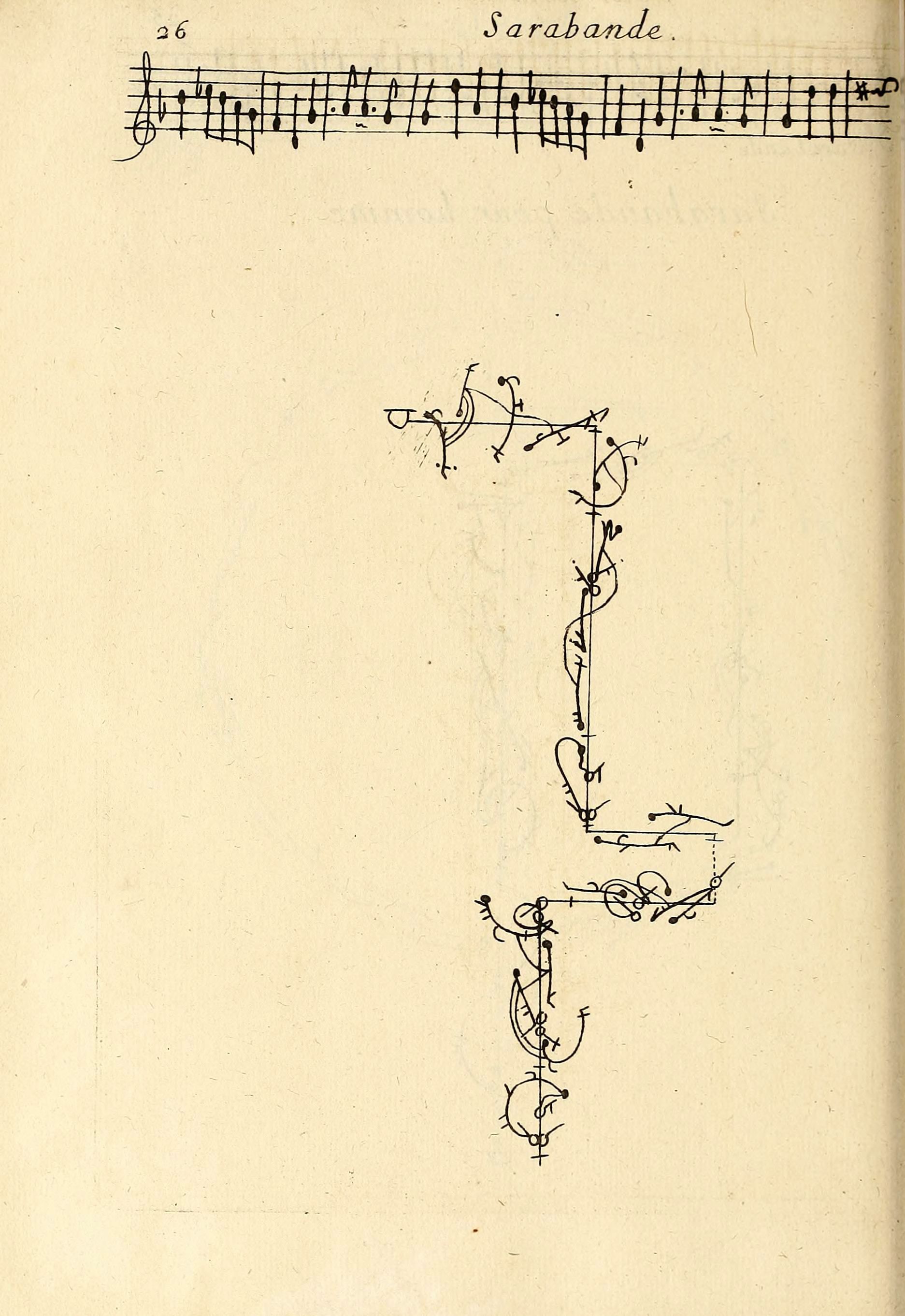 A page from a handwritten musical score with a line of musical notation at the top and an intricate, abstract design below.